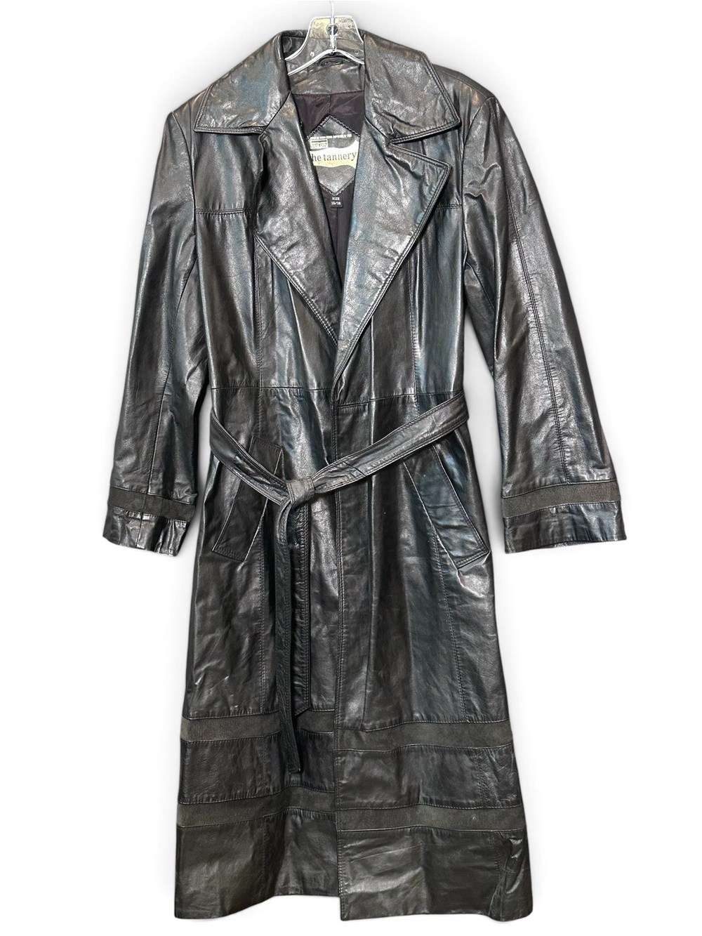 Montgomery Ward The Tannery Leather Coat Black Long Women's Size 15/16 Vintage
